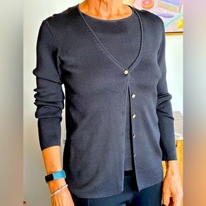 Black silk knit set. Sleeveless shell and cardigan with a V neck. Small: SFA